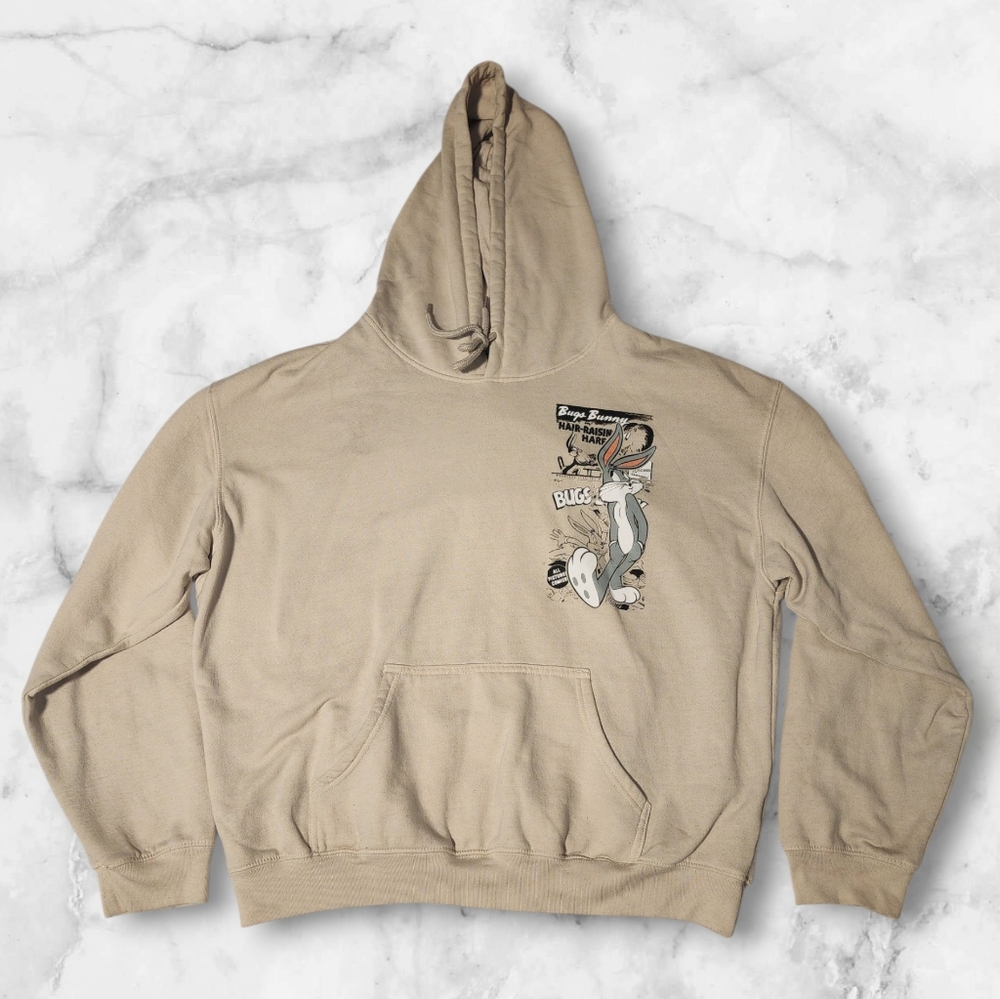 Looney Tunes Hoodie Tan Large | Bugs Bunny Hair Raisin Hare Marvin Taz
